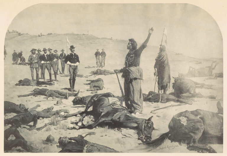 Historical black and white photo of the mass grave at Wounded Knee, 1891, showing the tragic aftermath of the massacre.