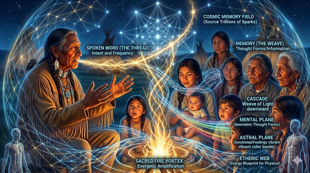 A visualization of oral tradition as a 'weave of light' created by an elder's voice during a Dakota storytelling circle.