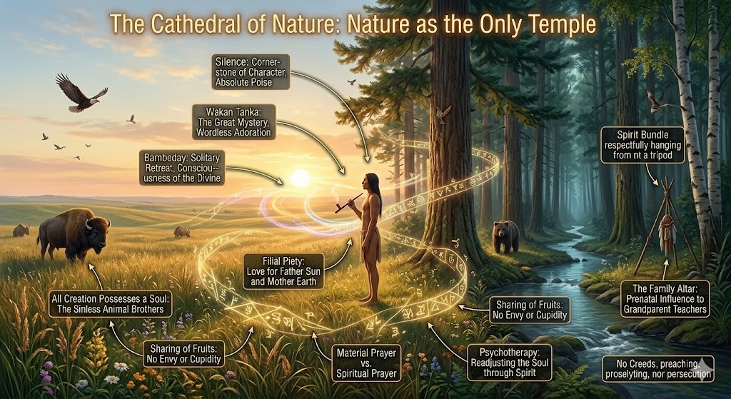 Map infographic of Ohiyesa's "Soul of the Indian" philosophy, showing the Great Mystery (Wakan Tanka) in both the praire and the forest.