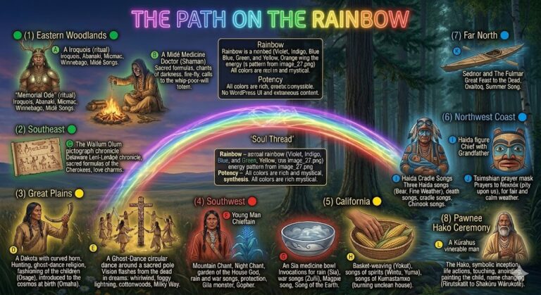 A detailed visual mosaic mapping the cultural regions and sacred songs of The Path on the Rainbow anthology.