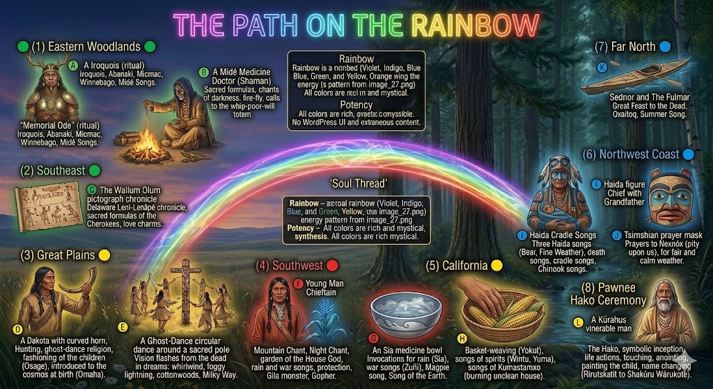 A detailed visual mosaic mapping the cultural regions and sacred songs of The Path on the Rainbow anthology.