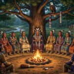 A council of Haudenosaunee Royaneh (Noble Women) deliberating under the Tree of Great Peace according to the Iroquois Constitution.