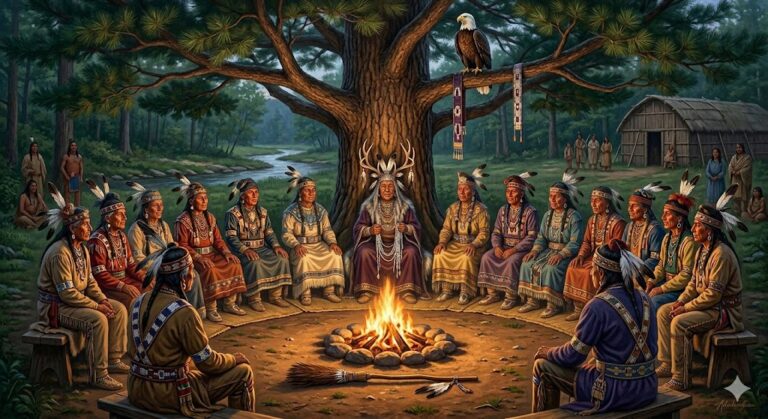A council of Haudenosaunee Royaneh (Noble Women) deliberating under the Tree of Great Peace according to the Iroquois Constitution.