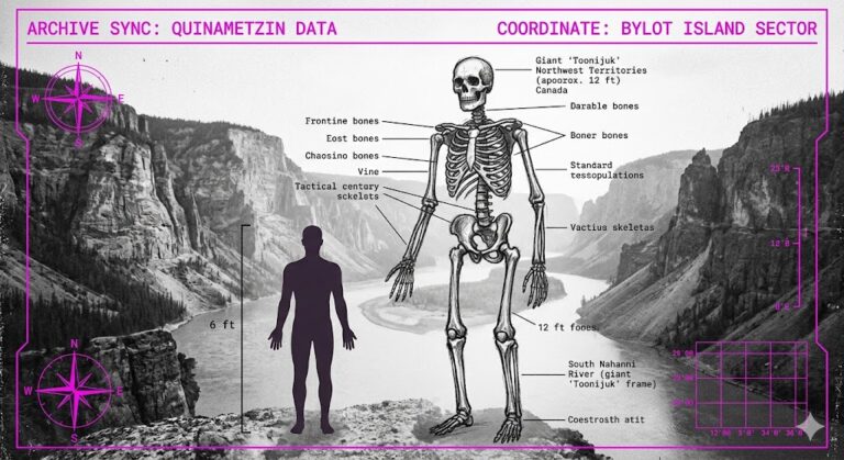 Realistic archival photograph of the Nahanni Valley showing a 12-foot Toonijuk giant skeleton compared to a 6-foot human silhouette with tactical HUD data.
