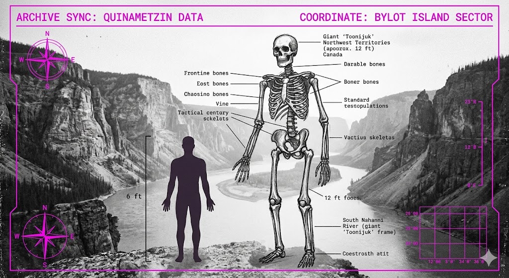 Realistic archival photograph of the Nahanni Valley showing a 12-foot Toonijuk giant skeleton compared to a 6-foot human silhouette with tactical HUD data.