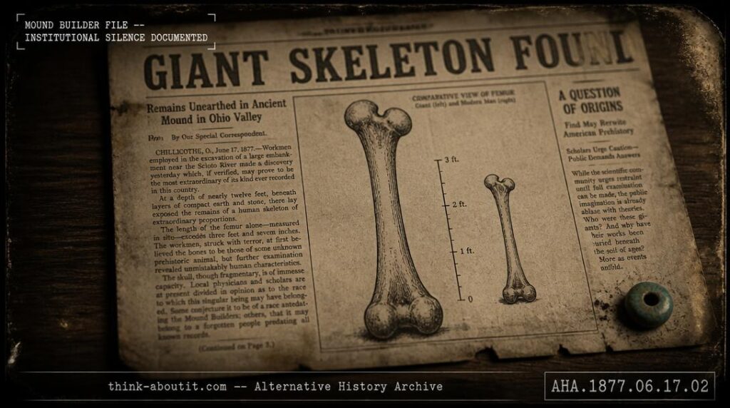 Yellowed 19th century newspaper with headline about giant skeleton discovery alongside a hand-drawn anatomical sketch comparing an oversized human femur to a normal-sized one on a dark oak surface