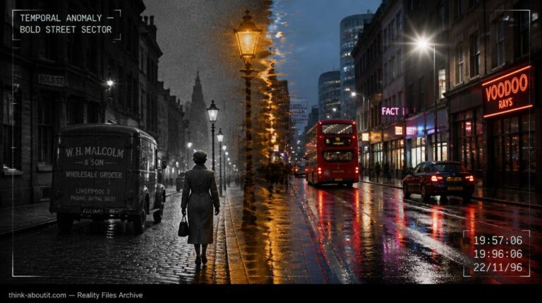 A rain-slicked cobblestone street split down the center with the left half showing 1950s Liverpool in black and white and the right half showing modern Liverpool in color with a shimmering temporal seam between them
