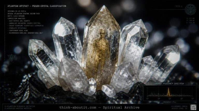 A cluster of clear quartz crystals on dark obsidian with one central pseudo-crystal showing a murky amber interior containing a faint spectral human silhouette trapped inside the faceted matrix