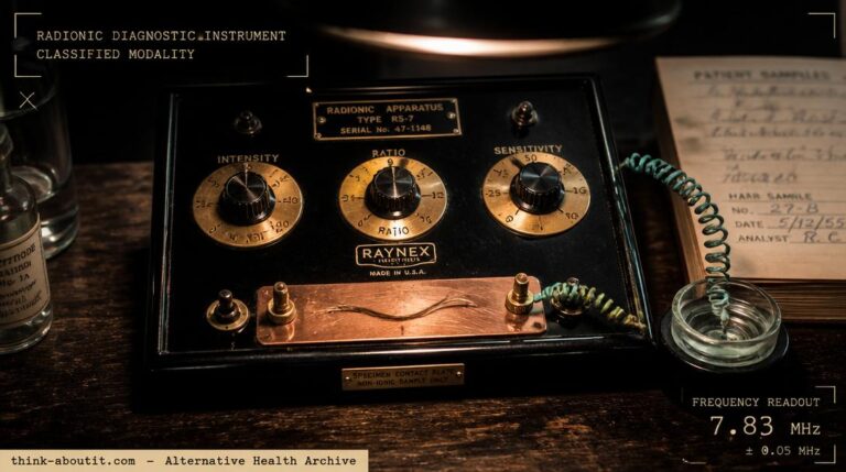 A vintage black Bakelite radionic device with three brass dial knobs and copper contact plates on a dark walnut laboratory bench under a single overhead lamp with a hair sample on the contact plate