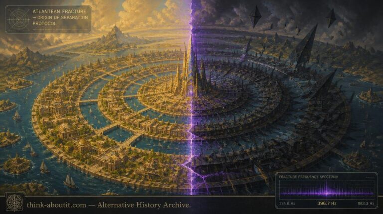 Aerial view of a circular Atlantean city with concentric rings split down the center between golden luminous unity consciousness on the left and dark fracturing geometric shards of egoic separation on the right