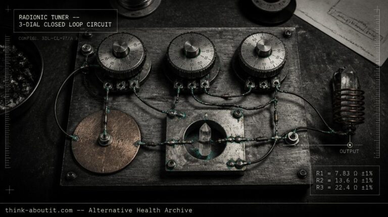 Top-down view of a hand-built radionic tuner on a dark workbench showing three brass potentiometer dials a copper witness well with crystal and a Mobius coil output connected by hand-soldered wires
