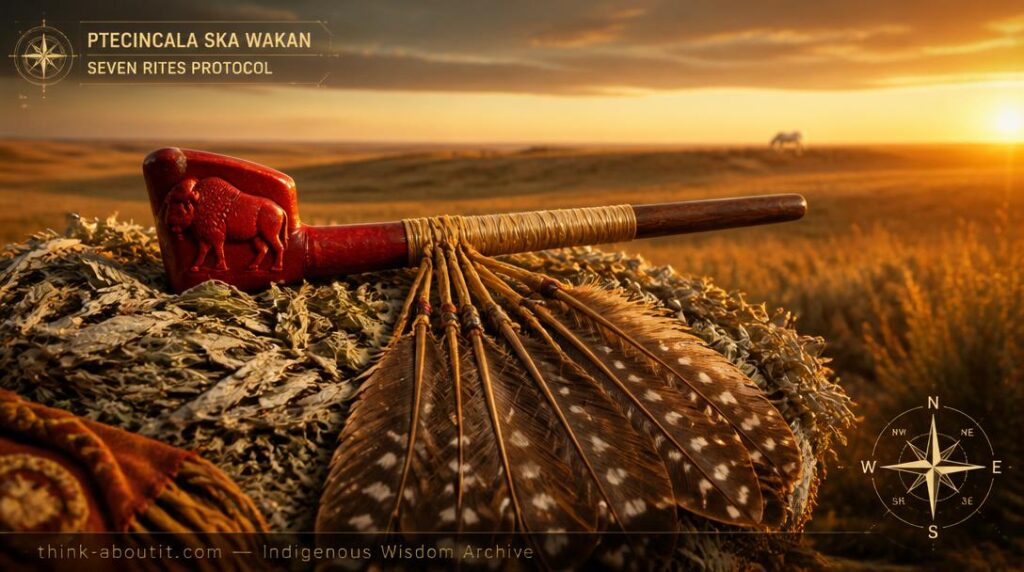 A Lakota Sacred Pipe with red catlinite bowl carved with a buffalo calf and twelve spotted eagle feathers resting on white sage with a white buffalo calf visible on a distant prairie ridge at golden hour