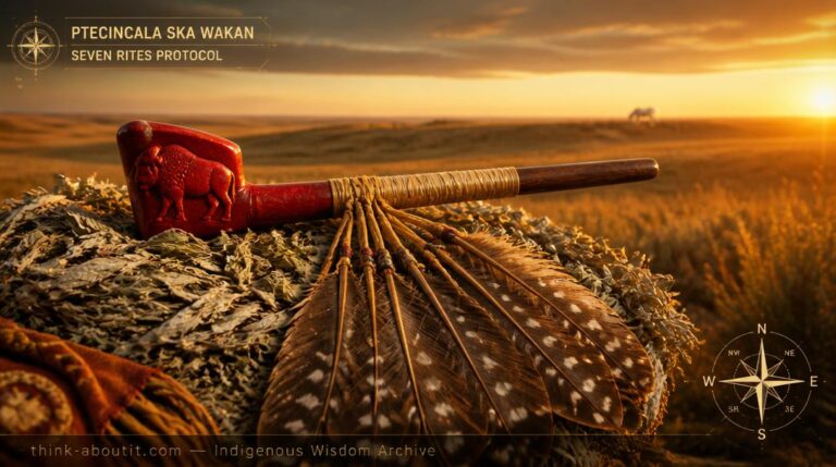 A Lakota Sacred Pipe with red catlinite bowl carved with a buffalo calf and twelve spotted eagle feathers resting on white sage with a white buffalo calf visible on a distant prairie ridge at golden hour