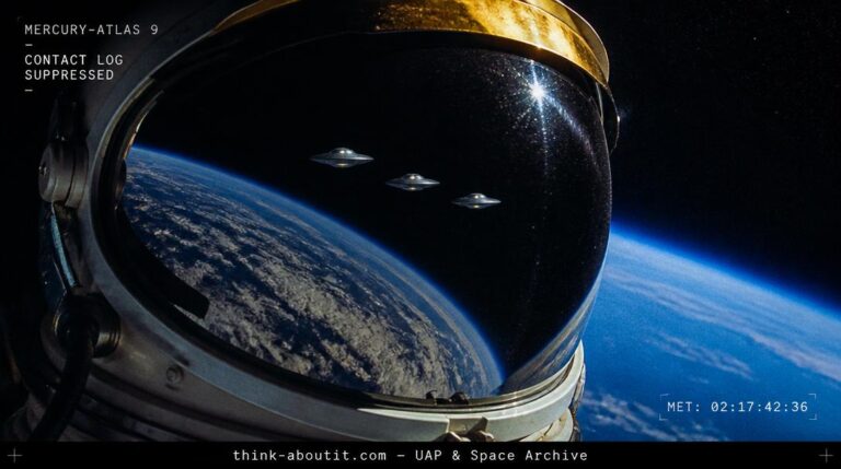 Close-up of a Mercury-era astronaut helmet visor reflecting three metallic disc-shaped UFOs in formation against the blue curvature of the Earth in Kodachrome film style