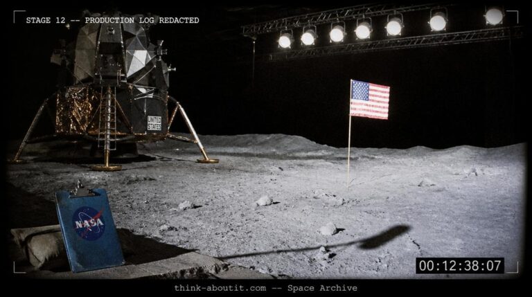 A television studio soundstage dressed to simulate the lunar surface with grey dust and a partial lander mockup showing a boom microphone shadow and Fresnel stage lights visible at the frame edge