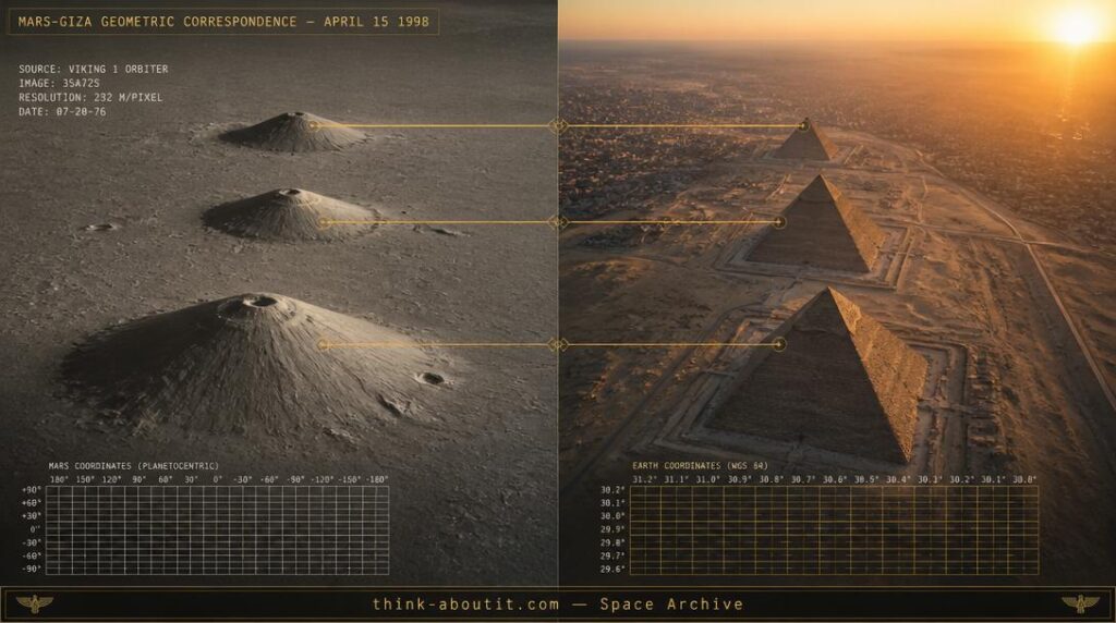 Split composition showing the three Tharsis Montes volcanoes on Mars beside an aerial view of the three Giza pyramids with thin gold geometric overlay lines connecting the corresponding alignments