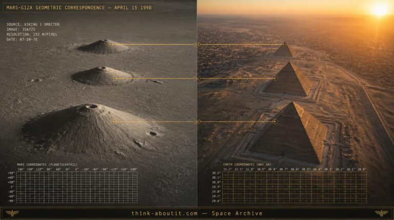 Split composition showing the three Tharsis Montes volcanoes on Mars beside an aerial view of the three Giza pyramids with thin gold geometric overlay lines connecting the corresponding alignments
