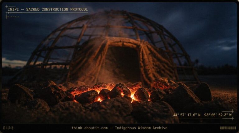 A traditional Sioux Inipi sweat lodge frame made of bent willow saplings silhouetted at dusk with glowing lava rocks in the foreground fire pit and steam rising from the blanket-covered entrance