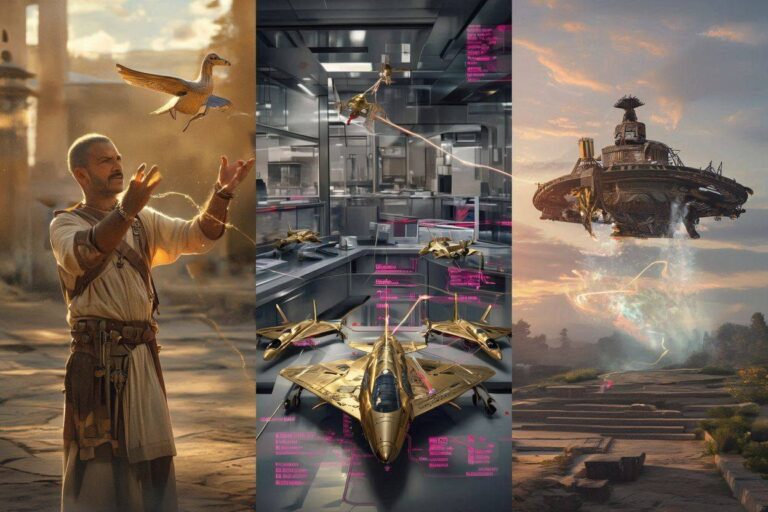 A photorealistic cinematic mosaic showing the Saqqara glider, gold Quimbaya jets with HUD overlays, and a Vimana taking off.