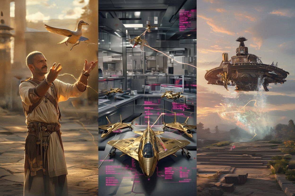 A photorealistic cinematic mosaic showing the Saqqara glider, gold Quimbaya jets with HUD overlays, and a Vimana taking off.