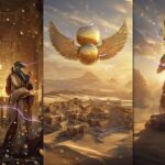 A photorealistic cinematic mosaic showing Horus and Thoth, a winged sun-disk over Giza, and Horus victorious.