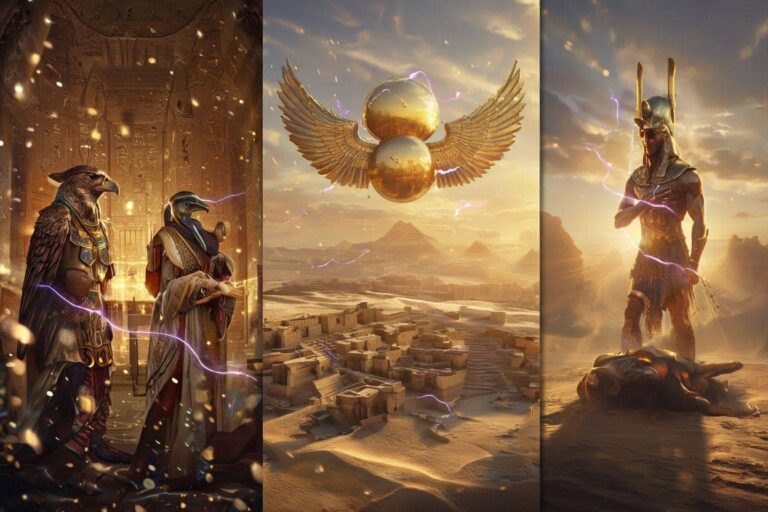 A photorealistic cinematic mosaic showing Horus and Thoth, a winged sun-disk over Giza, and Horus victorious.