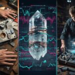 A photorealistic cinematic mosaic showing a DIY radionics machine, a mobius-wrapped crystal HUD, and an operator projecting an atomic image.