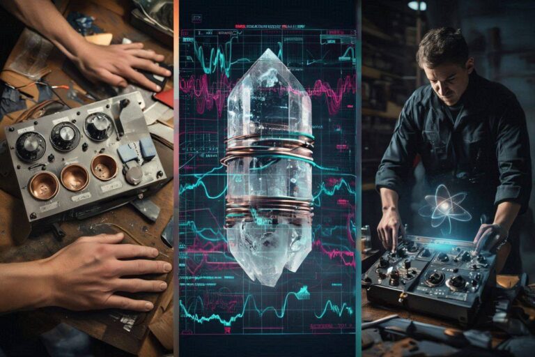 A photorealistic cinematic mosaic showing a DIY radionics machine, a mobius-wrapped crystal HUD, and an operator projecting an atomic image.