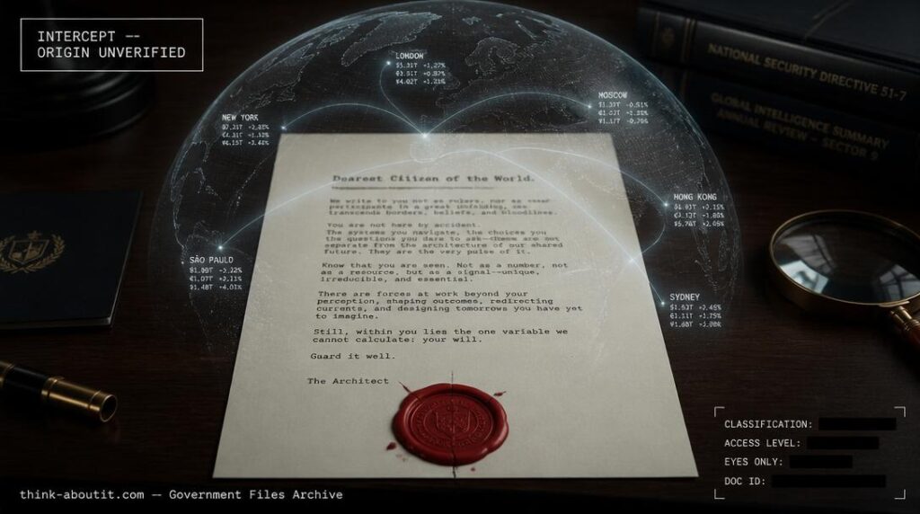 A formal typewritten letter addressed to Dearest Citizen of the World on cream bond paper on a mahogany desk with a translucent holographic globe showing financial data streams and a cracked red wax seal