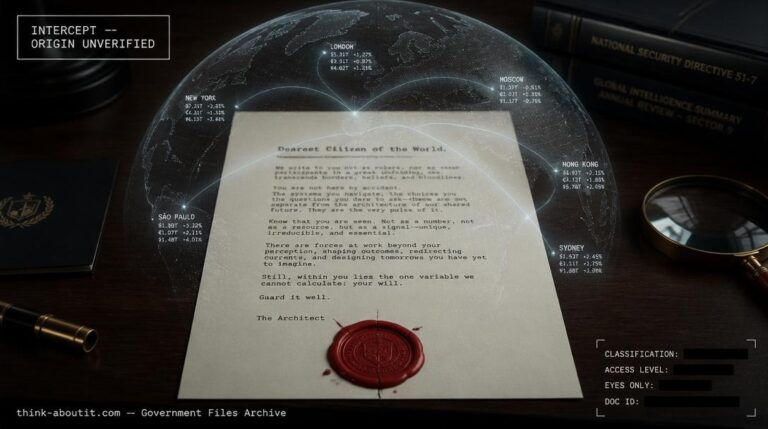 A formal typewritten letter addressed to Dearest Citizen of the World on cream bond paper on a mahogany desk with a translucent holographic globe showing financial data streams and a cracked red wax seal