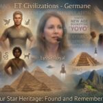 Dreamy collage of Lyran, Sirian, and Pleiadean ET symbols, ancient pyramids, and Machu Picchu for galactic heritage research