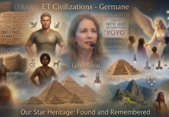 Dreamy collage of Lyran, Sirian, and Pleiadean ET symbols, ancient pyramids, and Machu Picchu for galactic heritage research