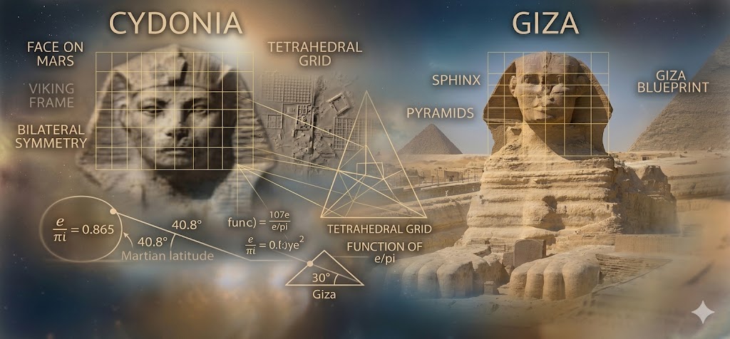 AI visualization of the Cydonia region of Mars with detailed tetrahedral geometric diagrams next to a sanitized satellite view of the Giza Plateau, demonstrating structural and mathematical similarities as described by Graham Hancock.