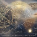 A soft-focus AI collage of the Antikythera mechanism gears overlaid with a 24,000-year Great Year zodiac cycle and the pyramids of Caral, Peru, illustrating Walter Cruttenden’s cyclical history theory.