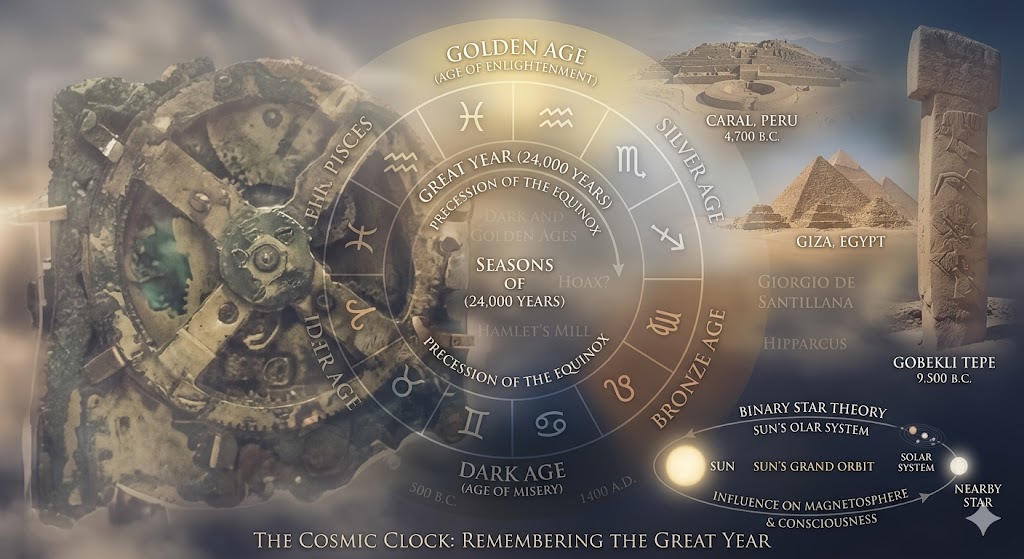 A soft-focus AI collage of the Antikythera mechanism gears overlaid with a 24,000-year Great Year zodiac cycle and the pyramids of Caral, Peru, illustrating Walter Cruttenden’s cyclical history theory.