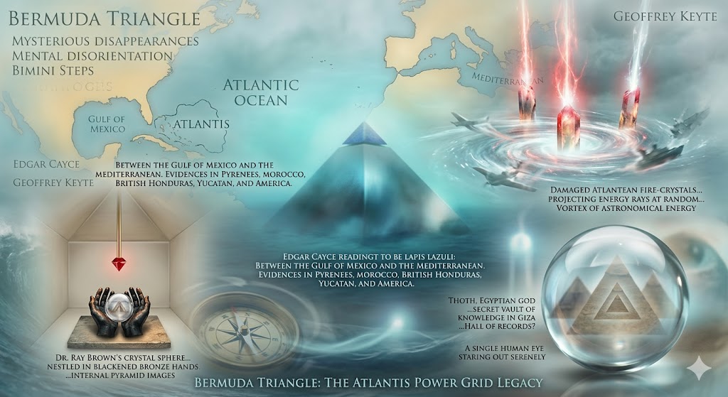 A misty collage showing a sunken Atlantean pyramid in the Bermuda Triangle with glowing fire-crystals and Dr. Ray Brown’s crystal sphere.