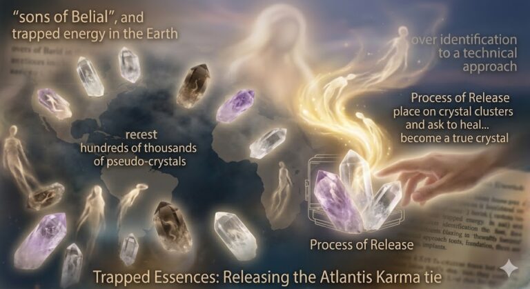AI collage of glowing Atlantean pseudo-crystals with human essences trapped inside, surrounded by a lightworker's golden healing energy facilitating the process of soul release as described by Ashtar and Joshua David Stone.