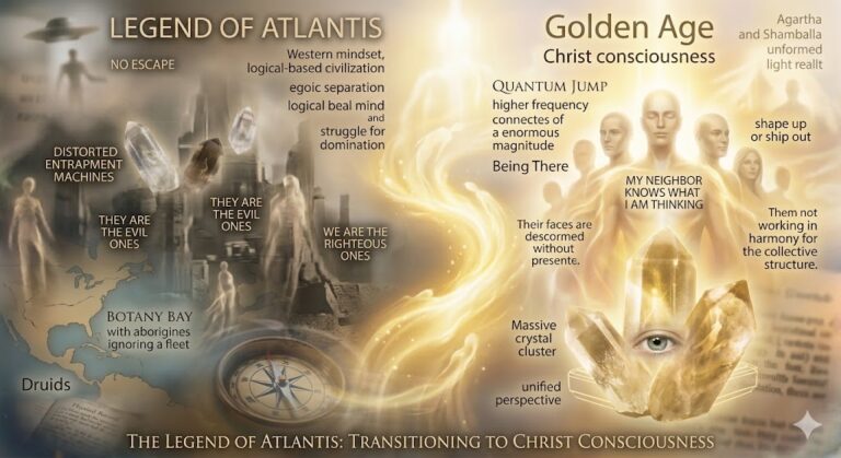 AI collage showing the spiritual shift from a dark, logical-based Atlantis defined by egoic separation and duality to a golden, radiant Earth representing unified Christ consciousness and the end of logic, as described by Bob H.