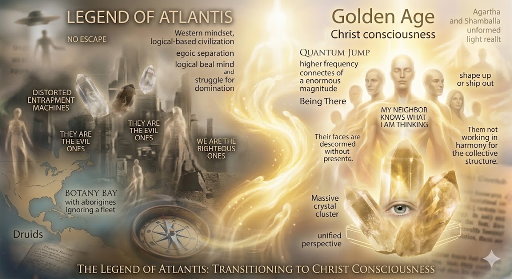 AI collage showing the spiritual shift from a dark, logical-based Atlantis defined by egoic separation and duality to a golden, radiant Earth representing unified Christ consciousness and the end of logic, as described by Bob H.