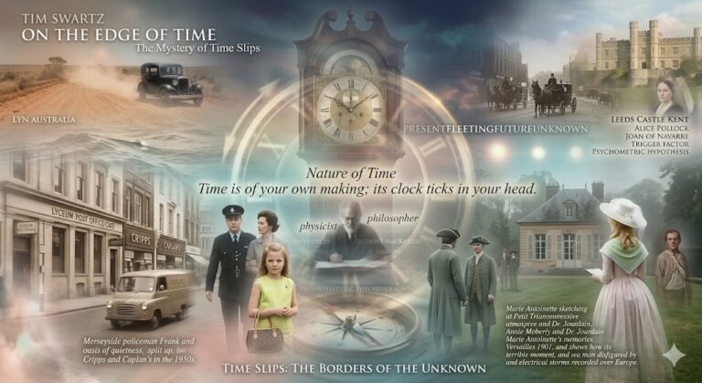 A soft-focus AI collage showing visual reconstructions of the Bold Street time slip in Liverpool, the Moberly-Jourdain incident at Versailles, and a grandfather clock with the Angelus Silesius quote about time.
