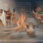 A respectful AI collage of a Cherokee wedding ceremony featuring the two-spouted wedding vase, the sacred fire, and the symbolic exchange of venison and corn between a man and woman.