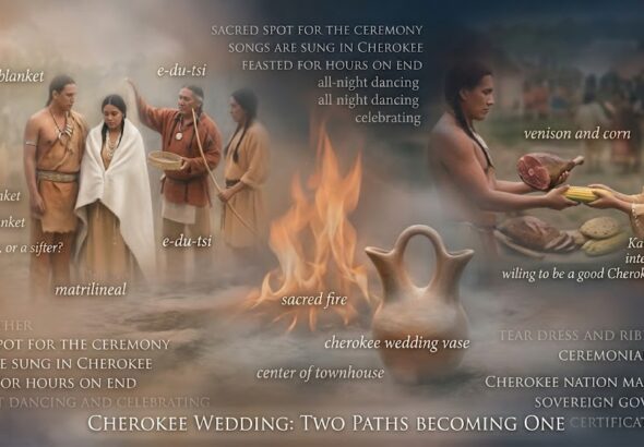 A respectful AI collage of a Cherokee wedding ceremony featuring the two-spouted wedding vase, the sacred fire, and the symbolic exchange of venison and corn between a man and woman.