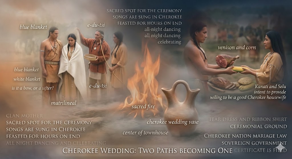 A respectful AI collage of a Cherokee wedding ceremony featuring the two-spouted wedding vase, the sacred fire, and the symbolic exchange of venison and corn between a man and woman.