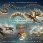 A misty collage of the Cherokee Rattlesnake constellation evolving into a winged feathered serpent, with symbols of the four directions and the House of Mica.