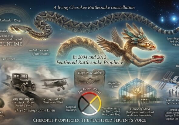 A misty collage of the Cherokee Rattlesnake constellation evolving into a winged feathered serpent, with symbols of the four directions and the House of Mica.