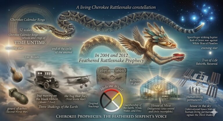 A misty collage of the Cherokee Rattlesnake constellation evolving into a winged feathered serpent, with symbols of the four directions and the House of Mica.