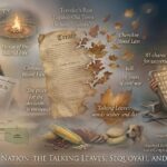 A historical collage showing Sequoyah with his syllabary, Chief John Ross, and a map of the Trail of Tears leading to Oklahoma.