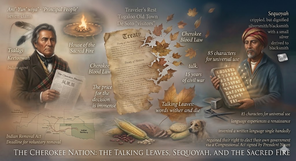 A historical collage showing Sequoyah with his syllabary, Chief John Ross, and a map of the Trail of Tears leading to Oklahoma.