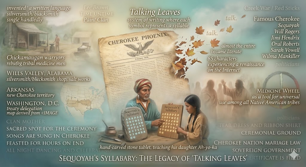 A detailed AI collage of Sequoyah teaching his daughter Ah-yo-ka the 85-character syllabary, featuring the Cherokee Phoenix newspaper, a blacksmith shop, and falling 'Talking Leaves' representing treaties.