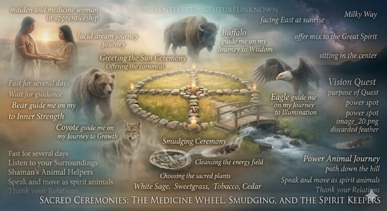 A serene AI collage showing a medicine wheel made of stones, a smudging shell with sage smoke, a feather, and an eagle soaring toward the rising sun.